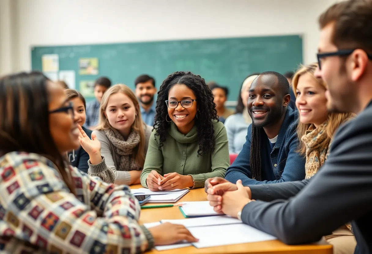 Community members discussing education at a school meeting