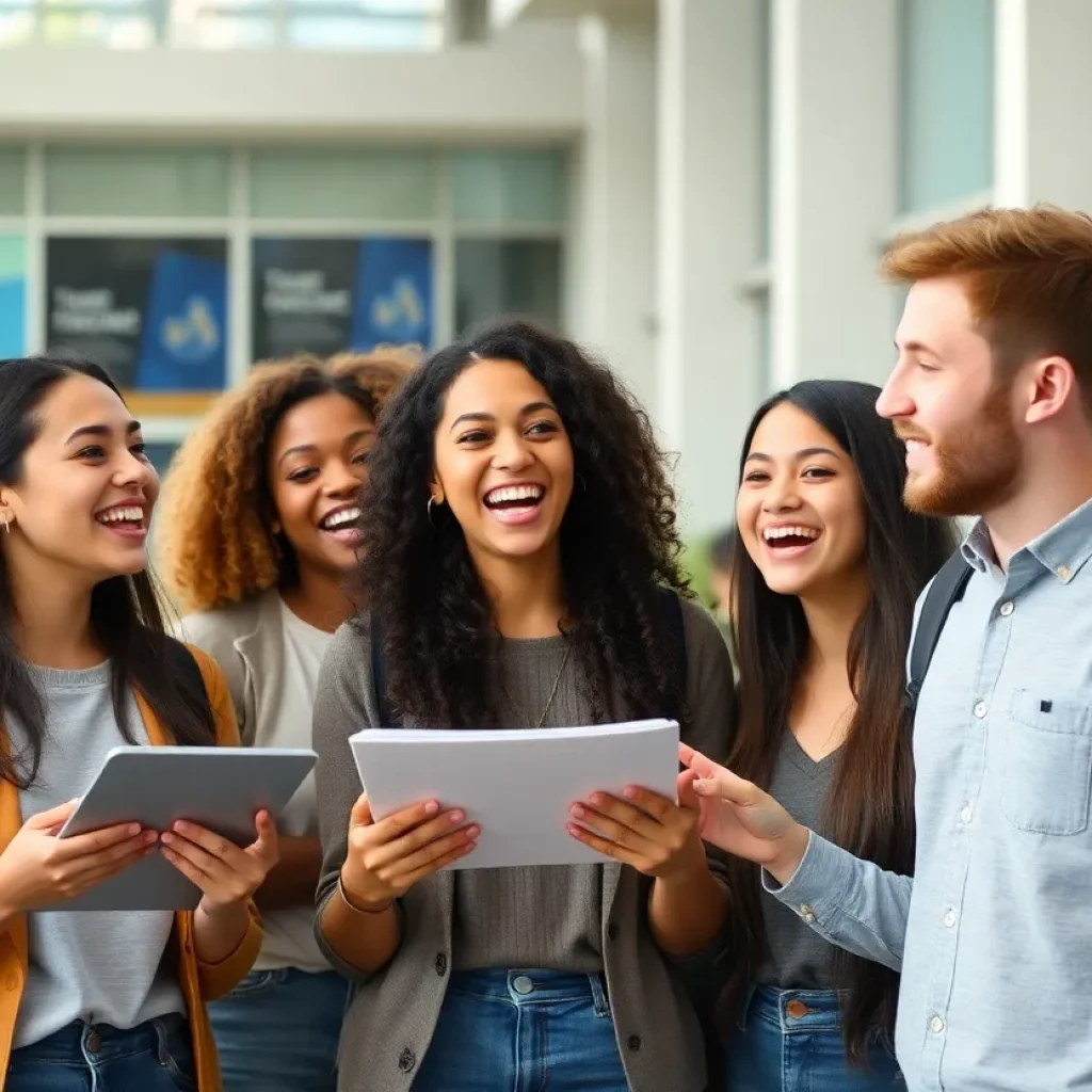 Students celebrating the launch of a scholarship program.