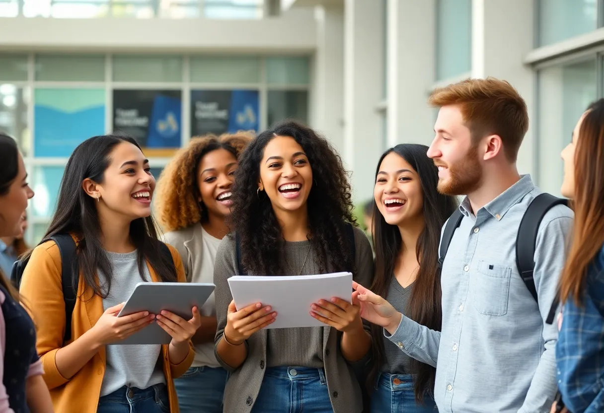 Students celebrating the launch of a scholarship program.