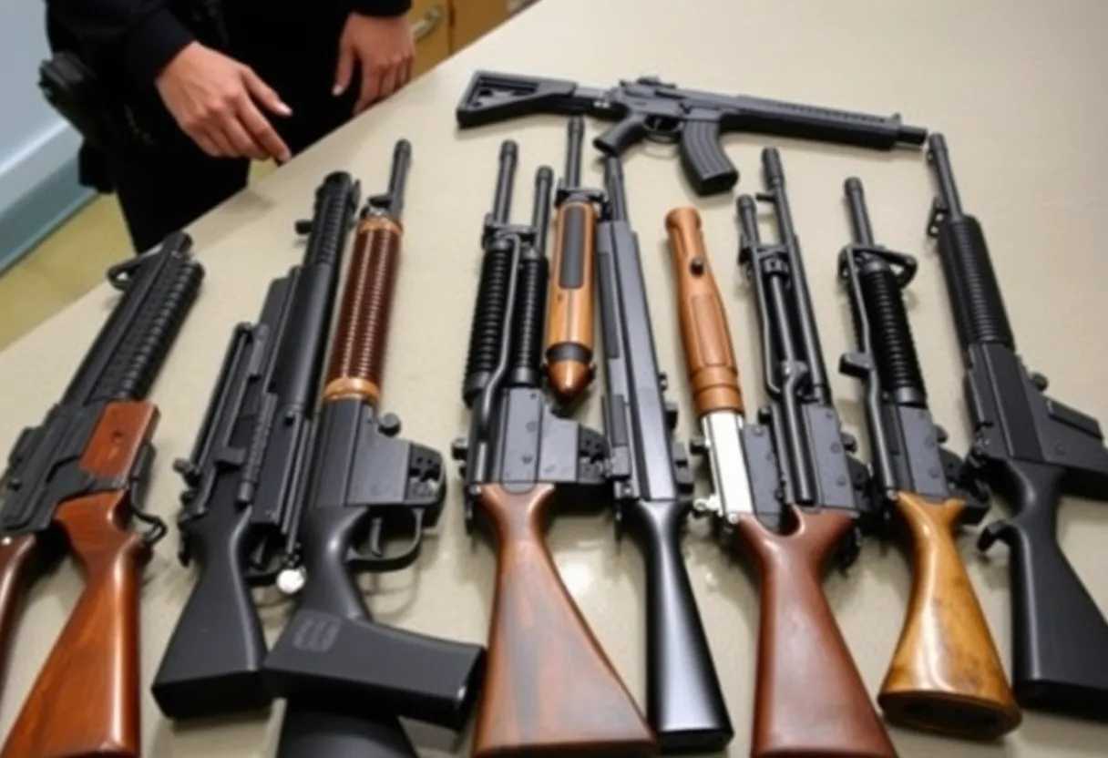 A collection of firearms seized during a firearms trafficking investigation.