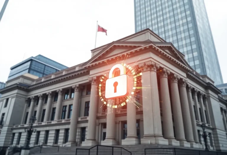 Digital lock symbol on a government building representing cybersecurity