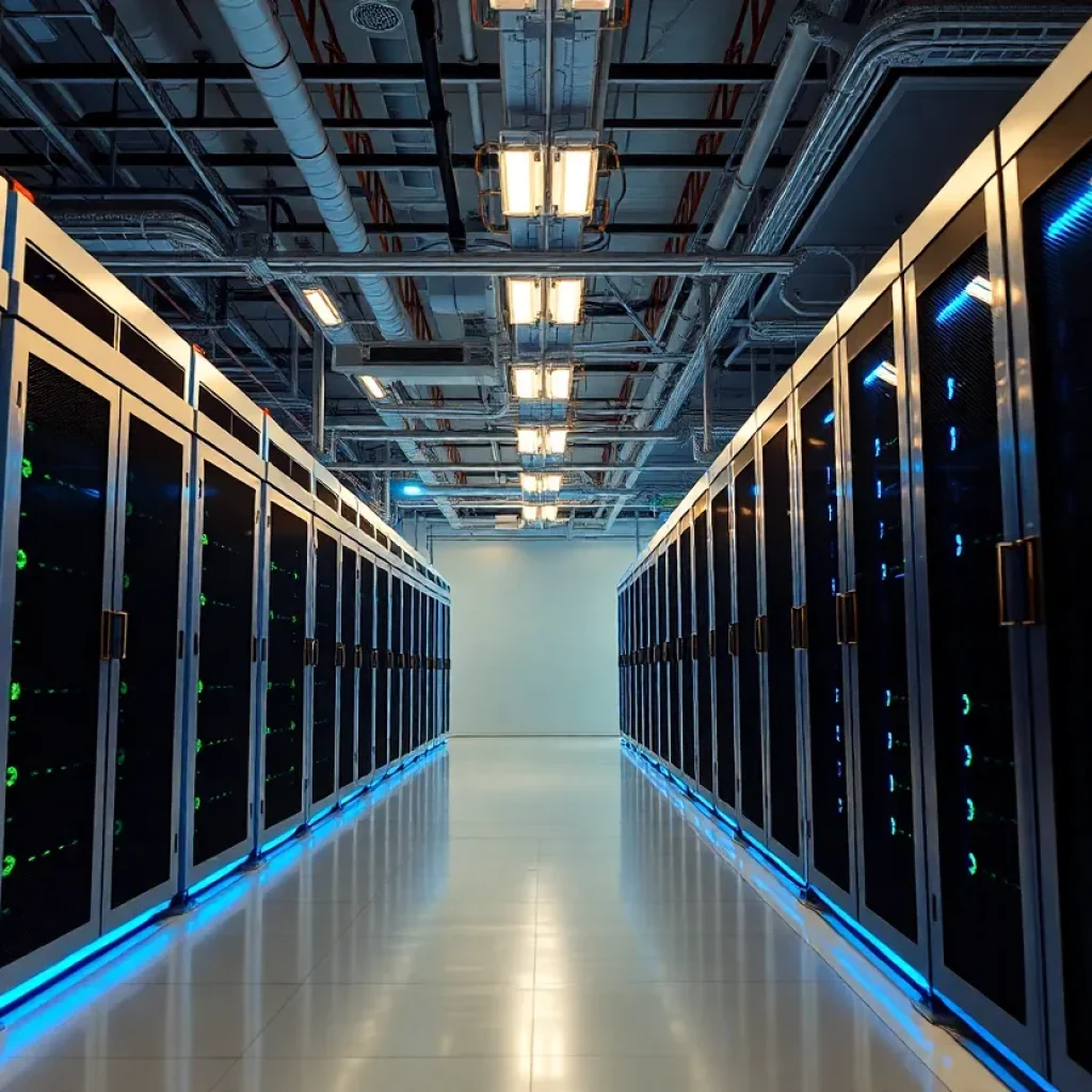A high-tech data center with advanced cooling systems in operation
