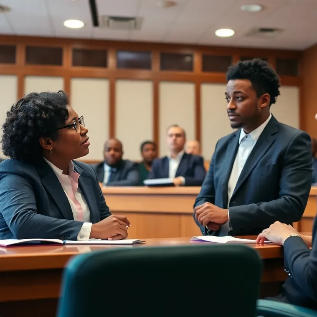 Diverse lawyers discussing in a courtroom