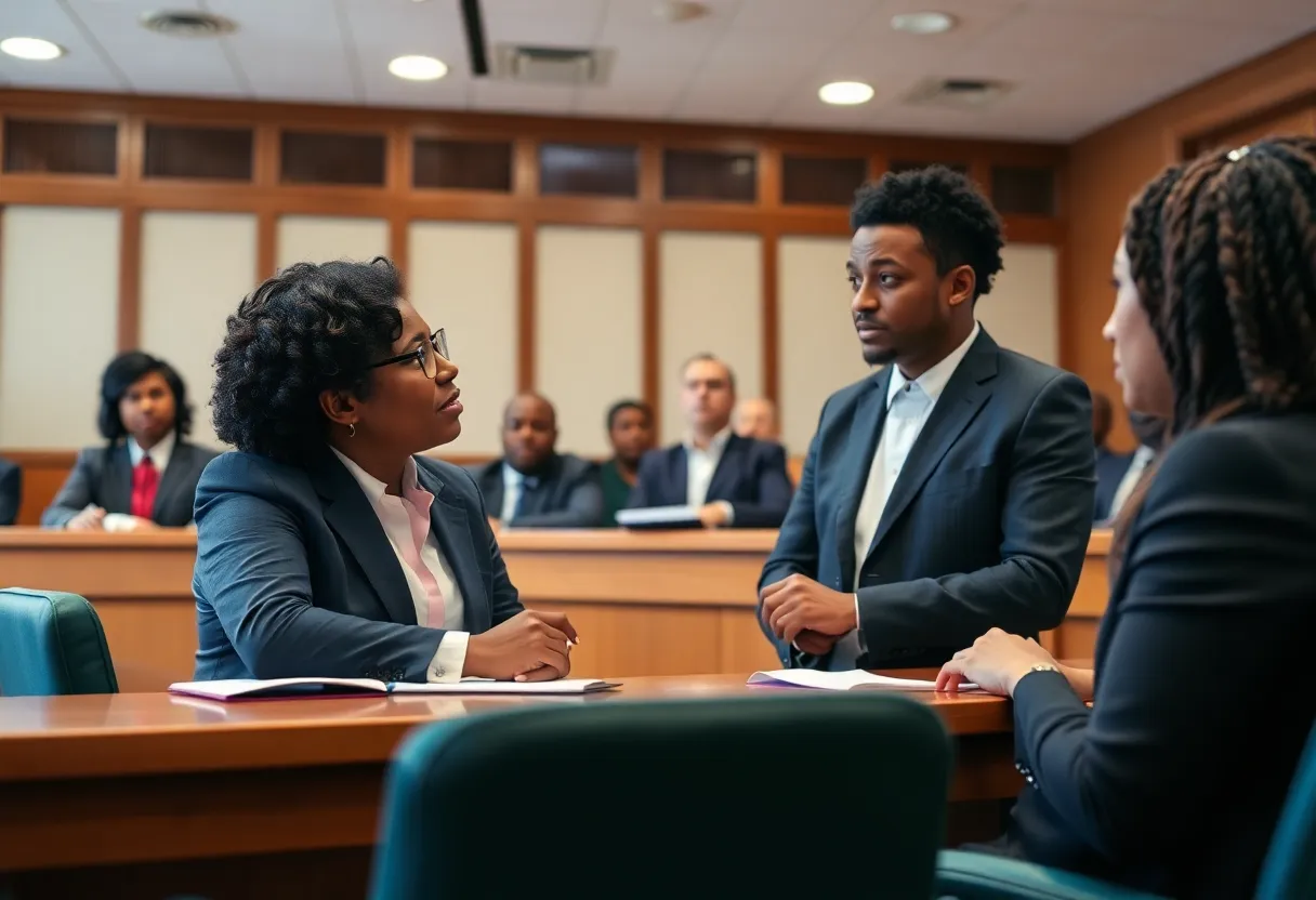 Diverse lawyers discussing in a courtroom