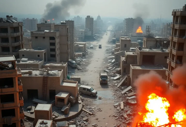 War-torn city with destruction from drone strikes