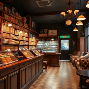 Interior of East Pecan Cigars shop with a cozy atmosphere and cigar displays