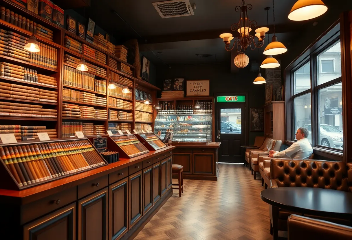 Interior of East Pecan Cigars shop with a cozy atmosphere and cigar displays