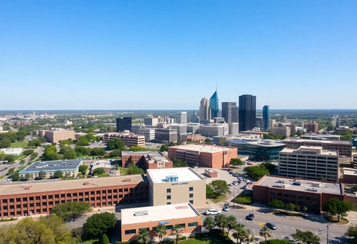 Fort Worth Texas cityscape with focus on veteran support facilities