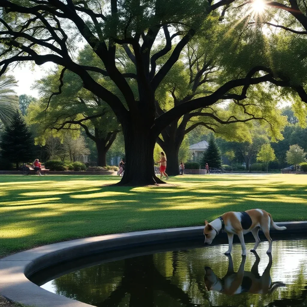 Families and pets in a Georgetown park during cooler morning hours.