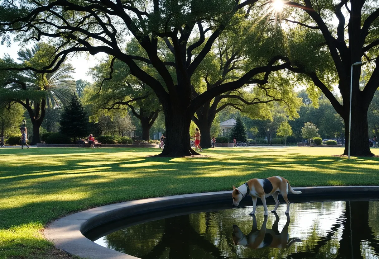 Families and pets in a Georgetown park during cooler morning hours.