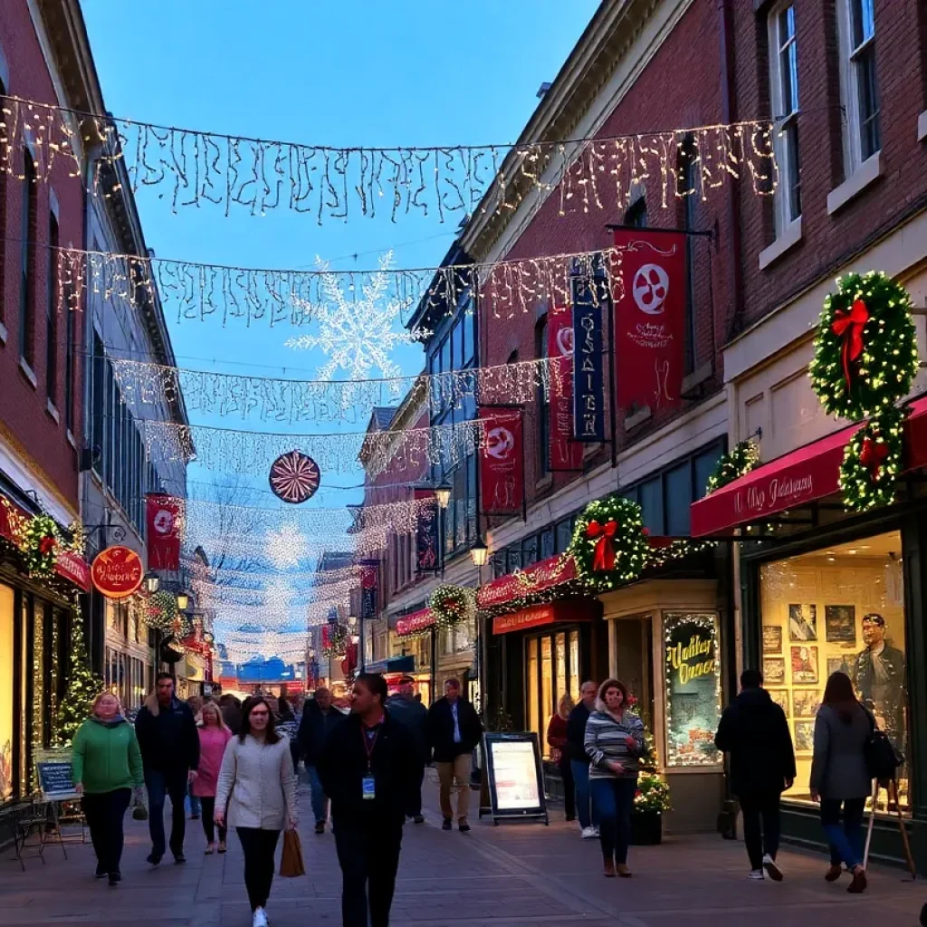 A festive shopping scene in Georgetown during the holidays with lights and crowds.