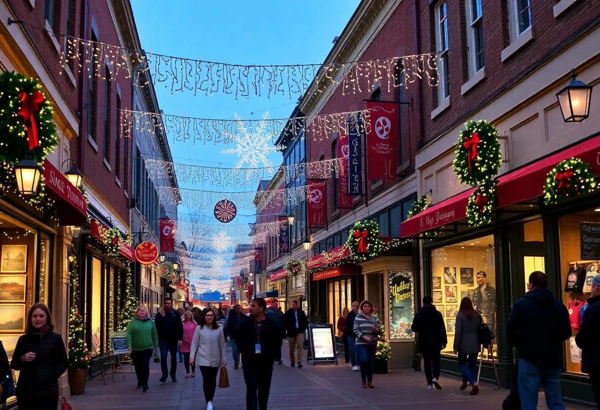 A festive shopping scene in Georgetown during the holidays with lights and crowds.