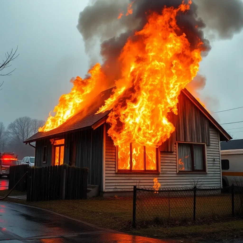 Firefighters responding to a house fire during severe weather conditions