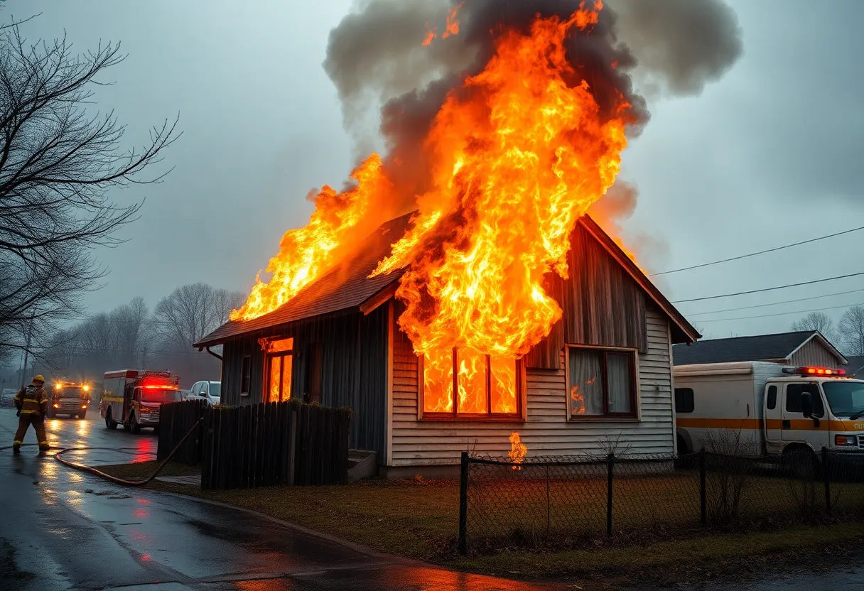 Firefighters responding to a house fire during severe weather conditions