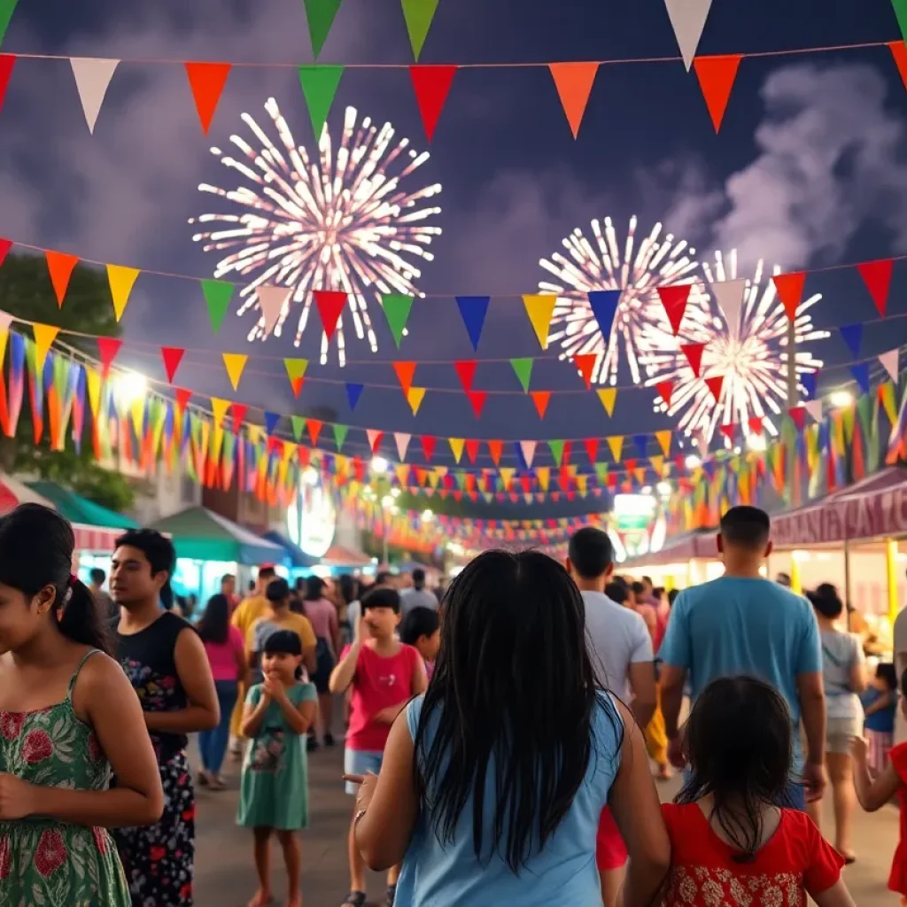 Families enjoying Independence Day festivities in Georgetown with fireworks in the background.