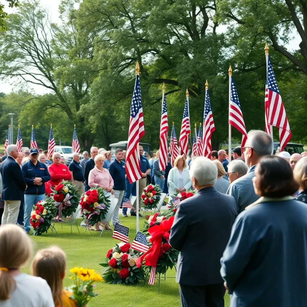 Memorial Day ceremony in Georgetown with attendees and flags
