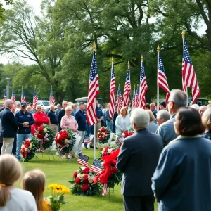 Memorial Day ceremony in Georgetown with attendees and flags