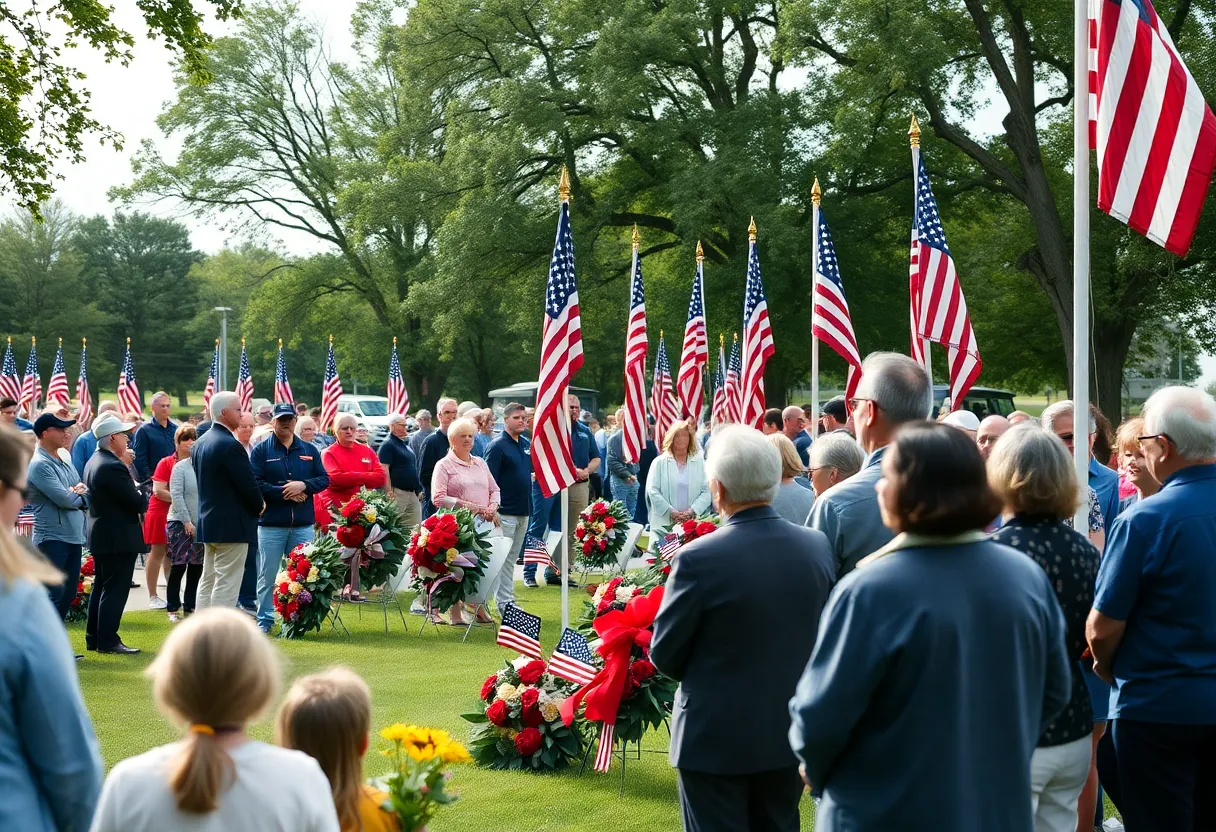 Memorial Day ceremony in Georgetown with attendees and flags