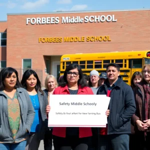 Parents discussing safety concerns outside Forbes Middle School