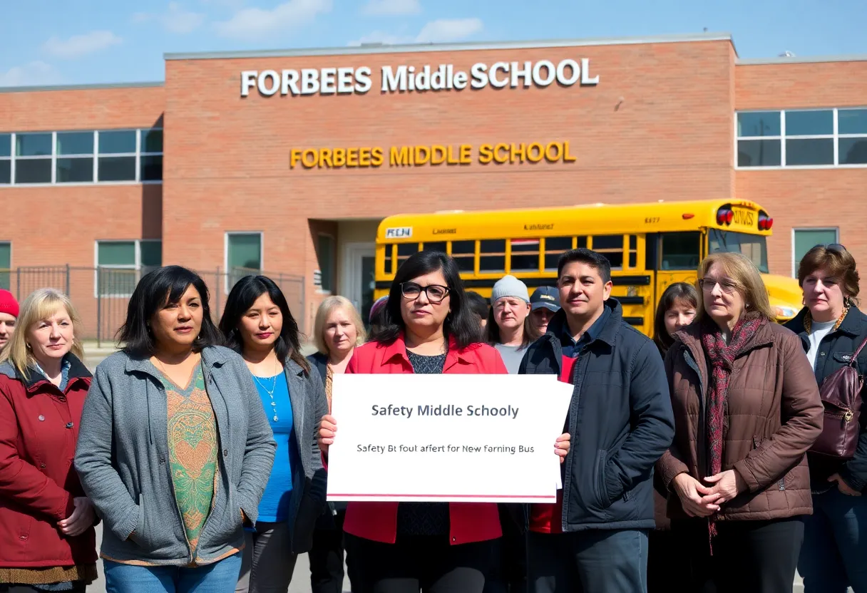 Parents discussing safety concerns outside Forbes Middle School