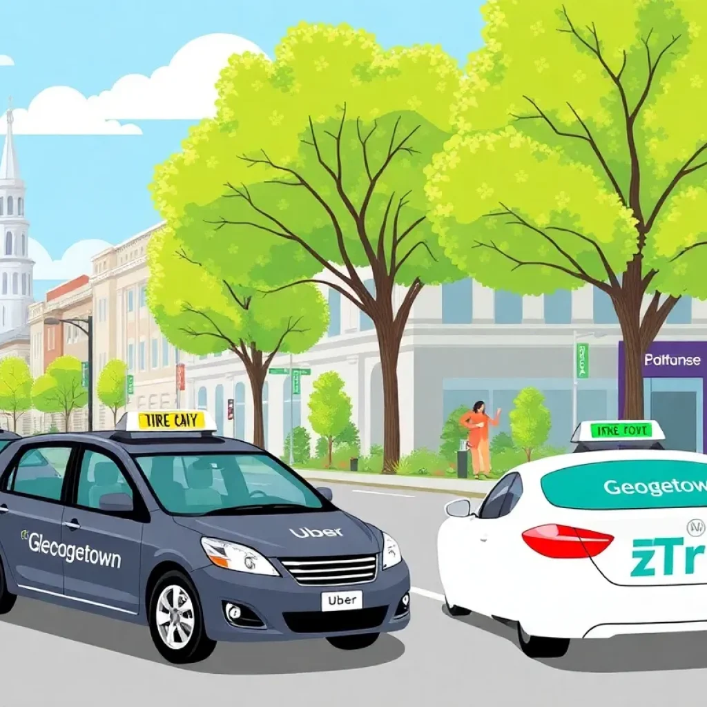 Illustration of Georgetown's rideGTX transportation program showcasing Uber and zTrip vehicles.