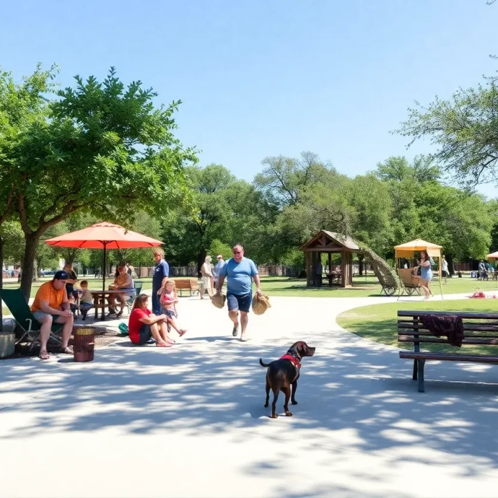 Families and pets enjoying a summer day in Georgetown park under a shaded area.