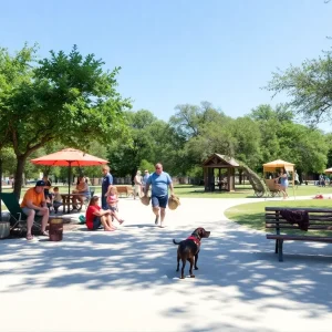Families and pets enjoying a summer day in Georgetown park under a shaded area.