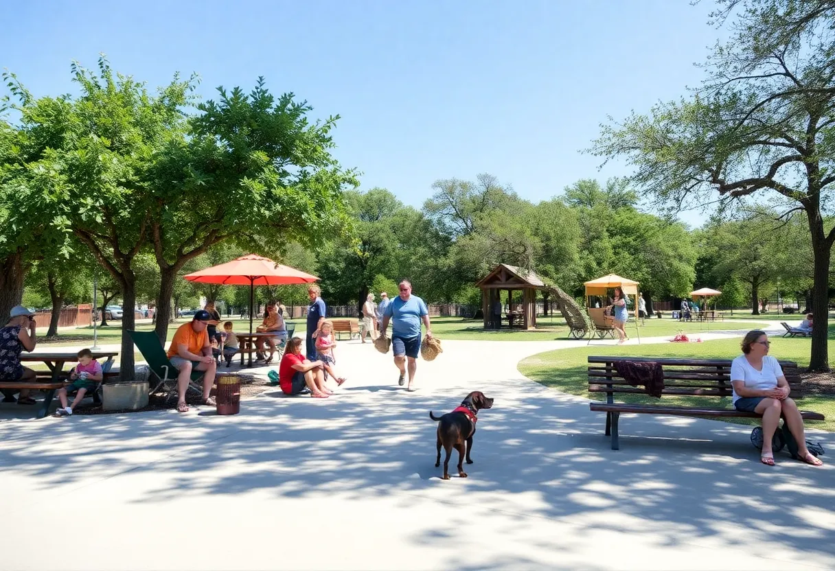 Families and pets enjoying a summer day in Georgetown park under a shaded area.