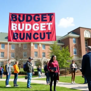 Georgetown University campus with signage about budget cuts