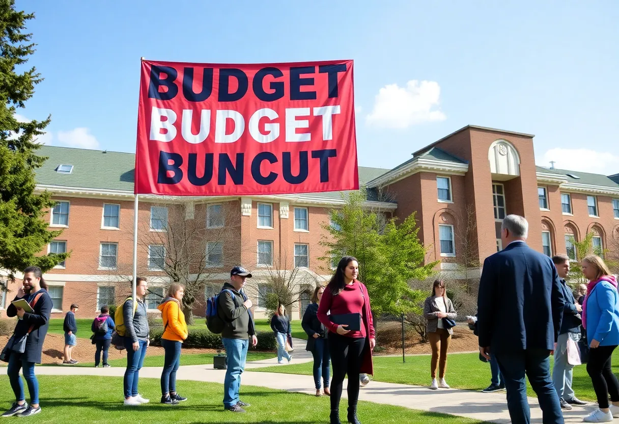 Georgetown University campus with signage about budget cuts