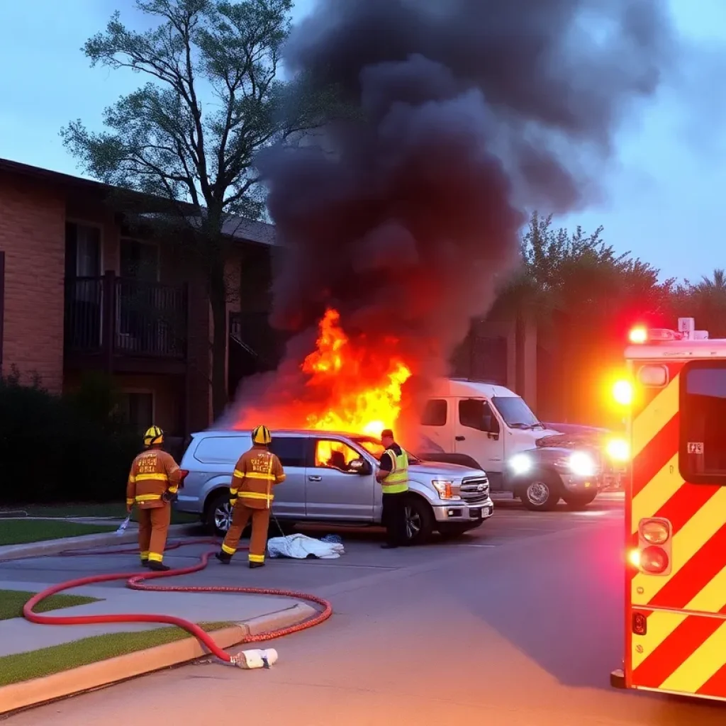 Firefighters extinguishing a vehicle fire at an apartment complex in Georgetown