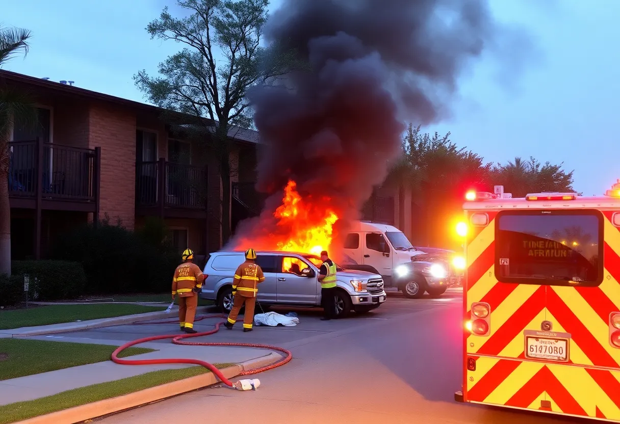 Firefighters extinguishing a vehicle fire at an apartment complex in Georgetown
