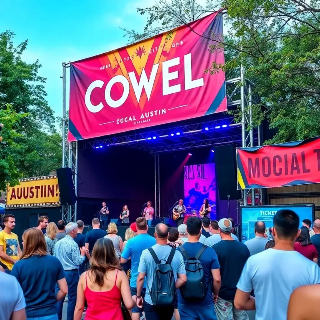 Outdoor event in Austin featuring a ticket booth and live music.