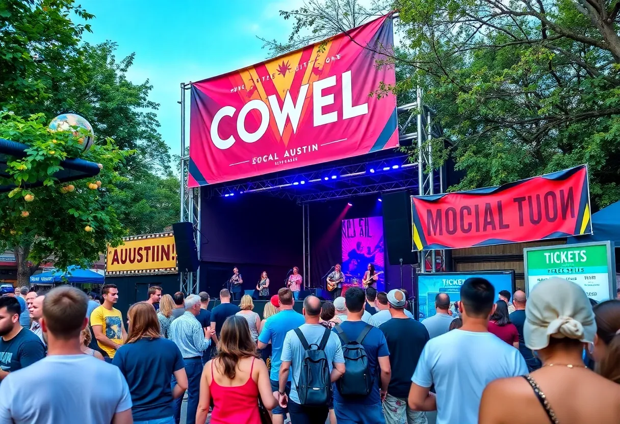 Outdoor event in Austin featuring a ticket booth and live music.