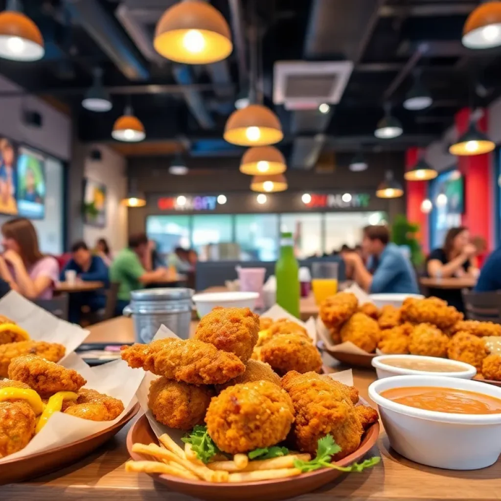 Inside view of Happy Chicks restaurant in Georgetown with diners enjoying chicken dishes and sauces.