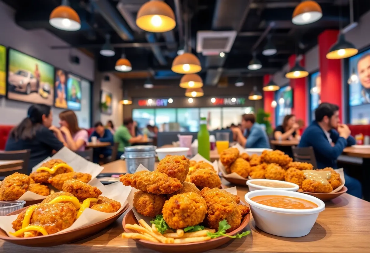 Inside view of Happy Chicks restaurant in Georgetown with diners enjoying chicken dishes and sauces.