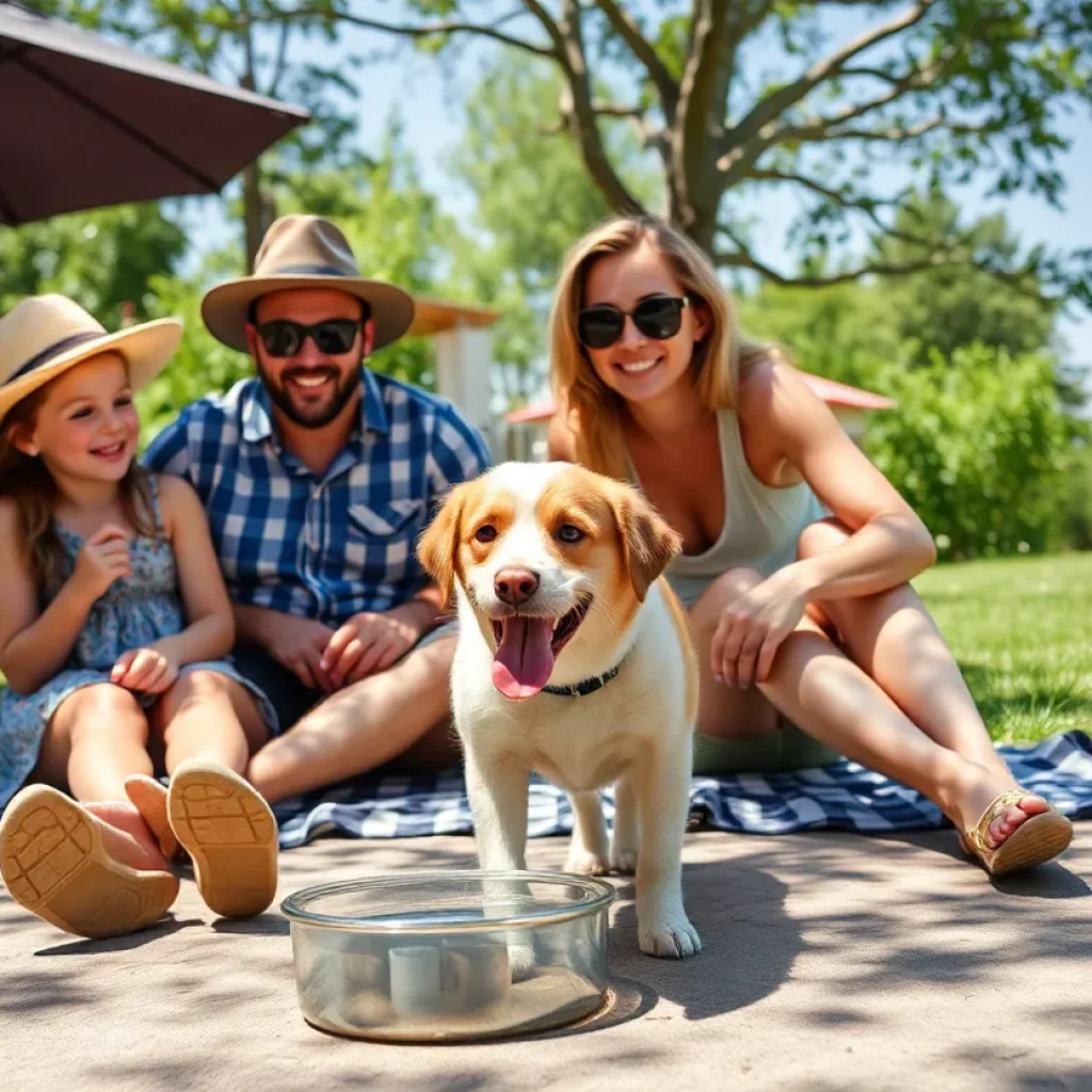 Family ensuring their pet's safety in hot weather