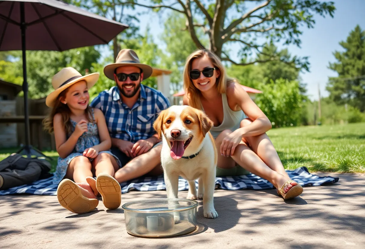 Family ensuring their pet's safety in hot weather