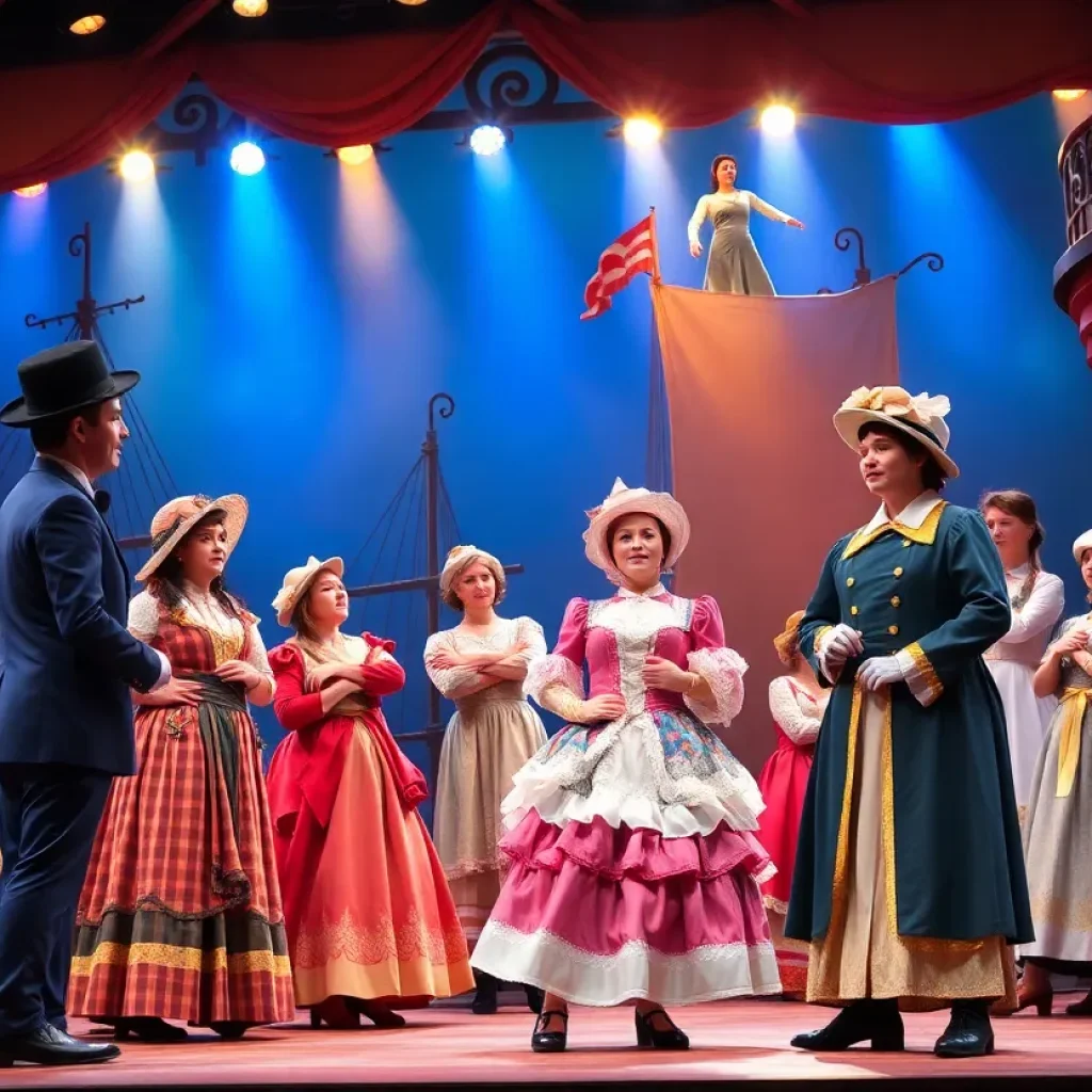 Performers in Victorian costumes during HMS Pinafore production