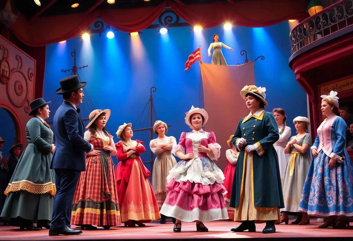 Performers in Victorian costumes during HMS Pinafore production