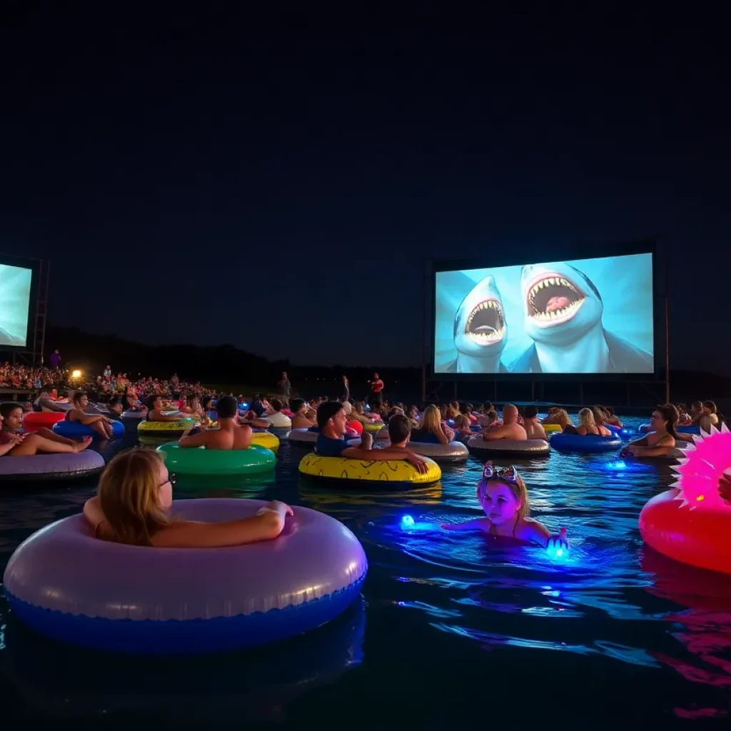 Outdoor screening of Jaws at Lake Travis with attendees in inner tubes