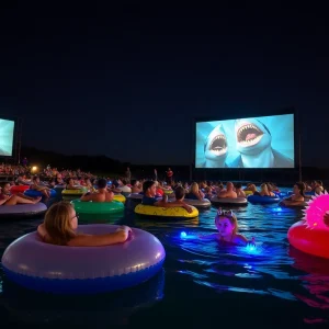 Outdoor screening of Jaws at Lake Travis with attendees in inner tubes