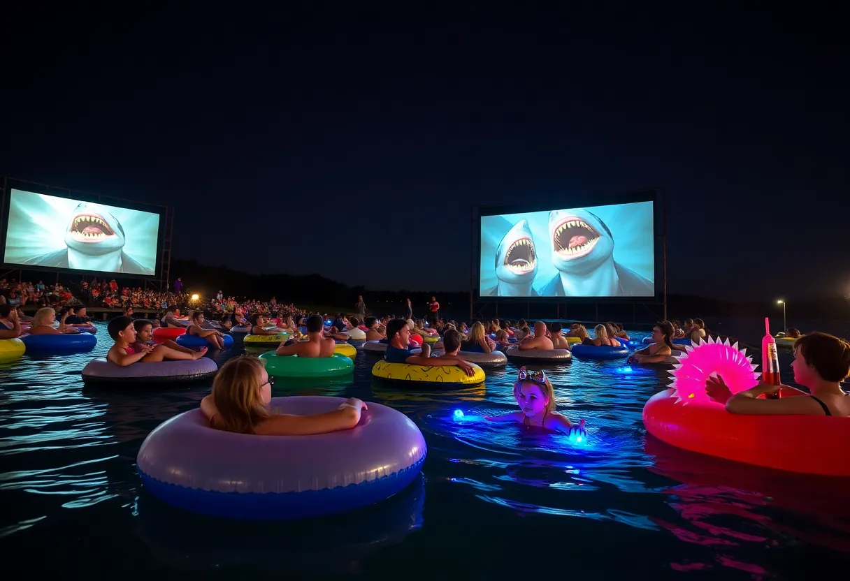 Outdoor screening of Jaws at Lake Travis with attendees in inner tubes