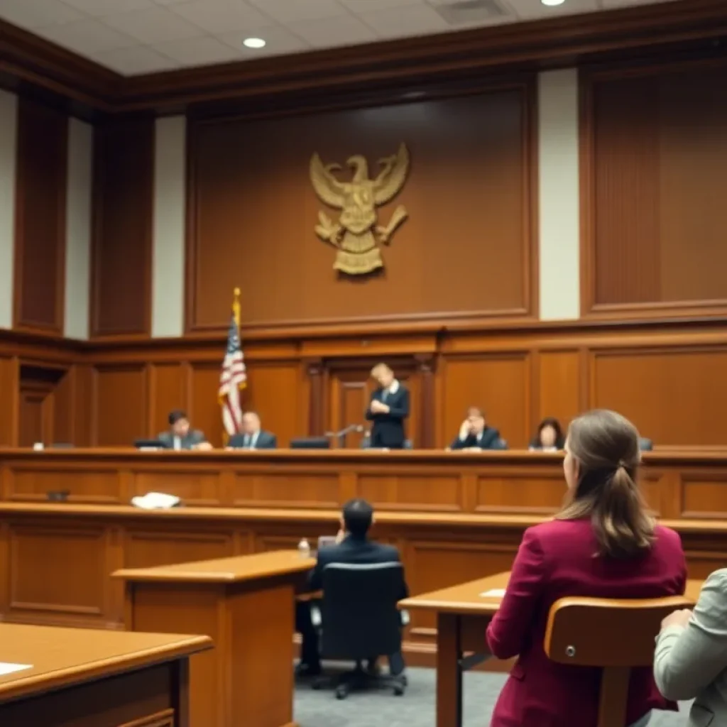 Courtroom scene representing justice and victim protection
