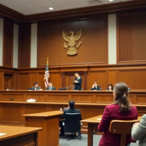 Courtroom scene representing justice and victim protection