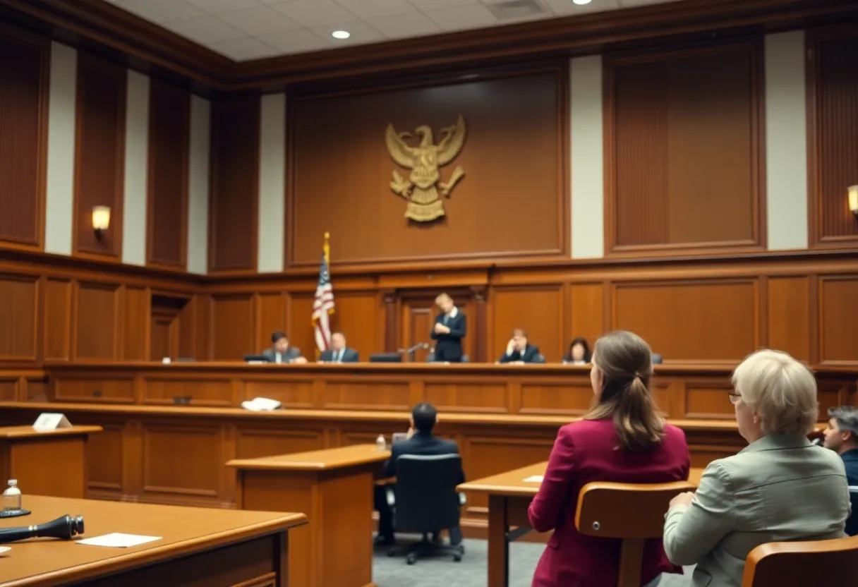 Courtroom scene representing justice and victim protection