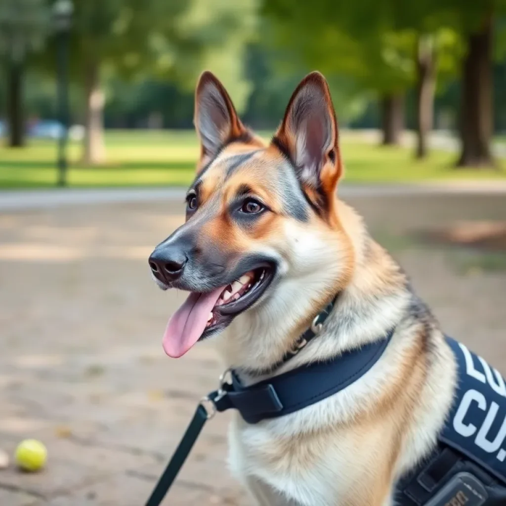 K-9 Lucy enjoying her retirement with a toy in a sunny park