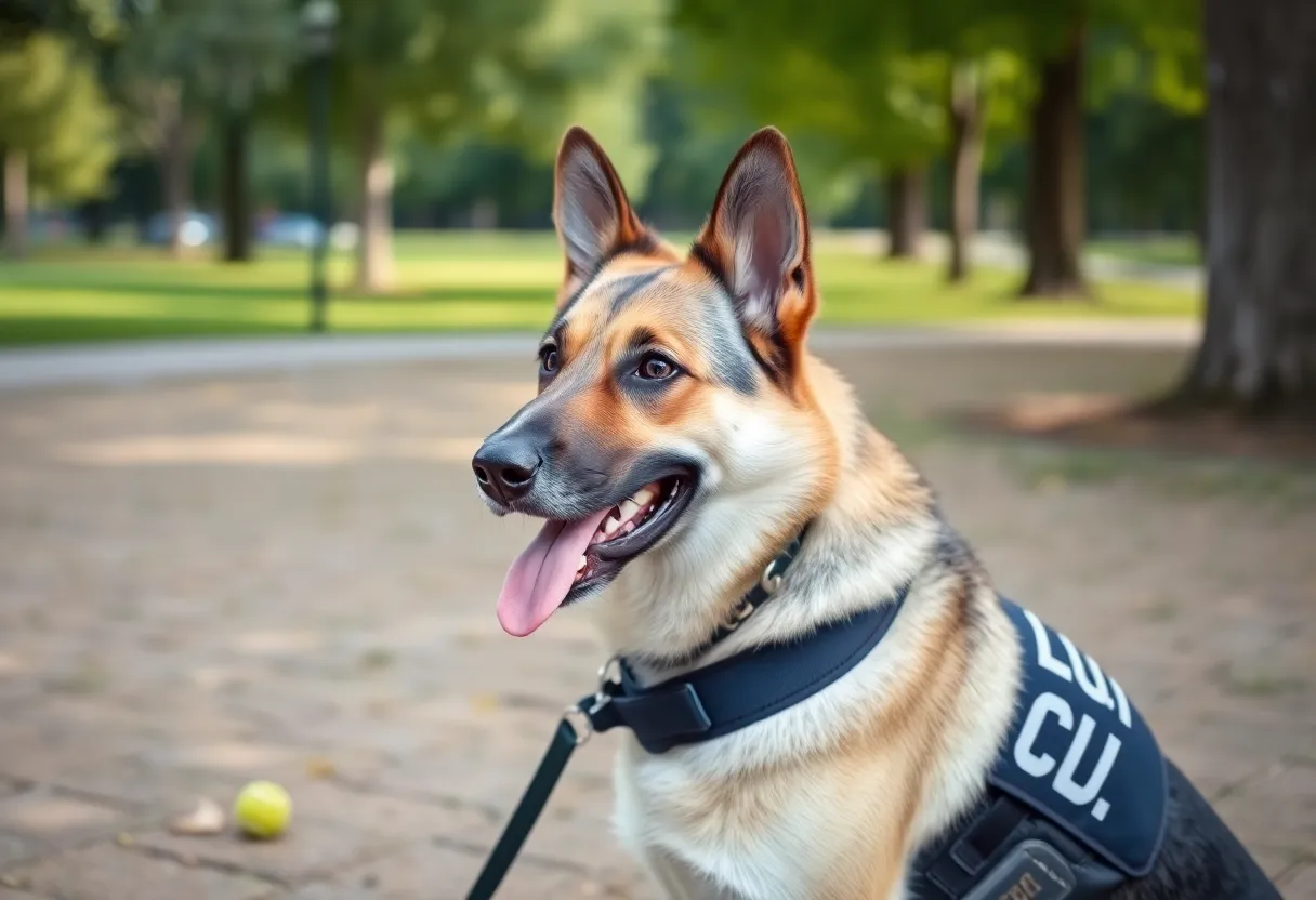 K-9 Lucy enjoying her retirement with a toy in a sunny park
