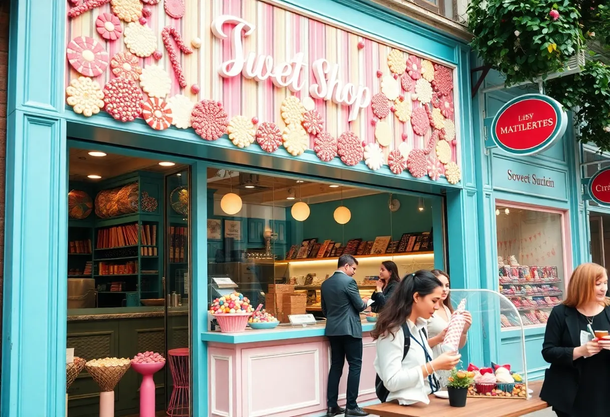 Exterior of Kilwins store in Georgetown with customers enjoying treats