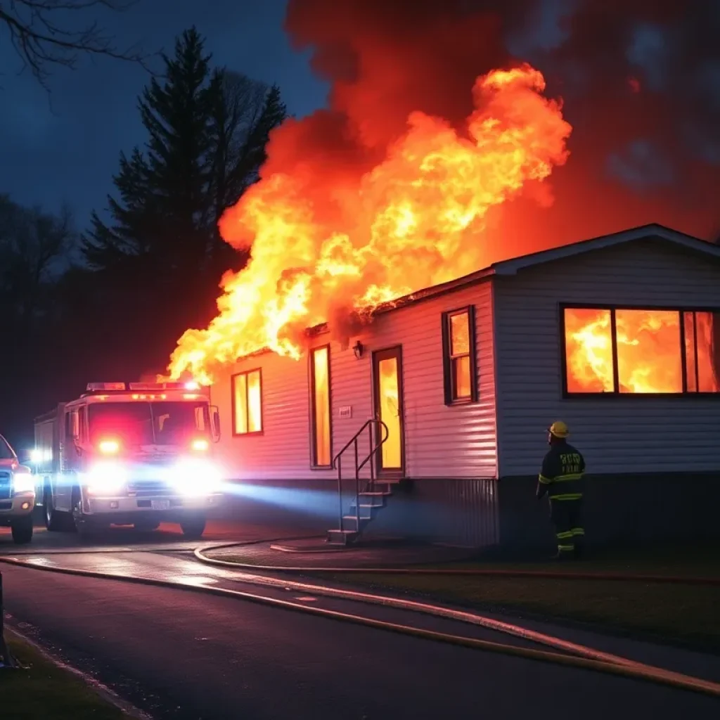 Firefighters combating a fire at a double-wide trailer.